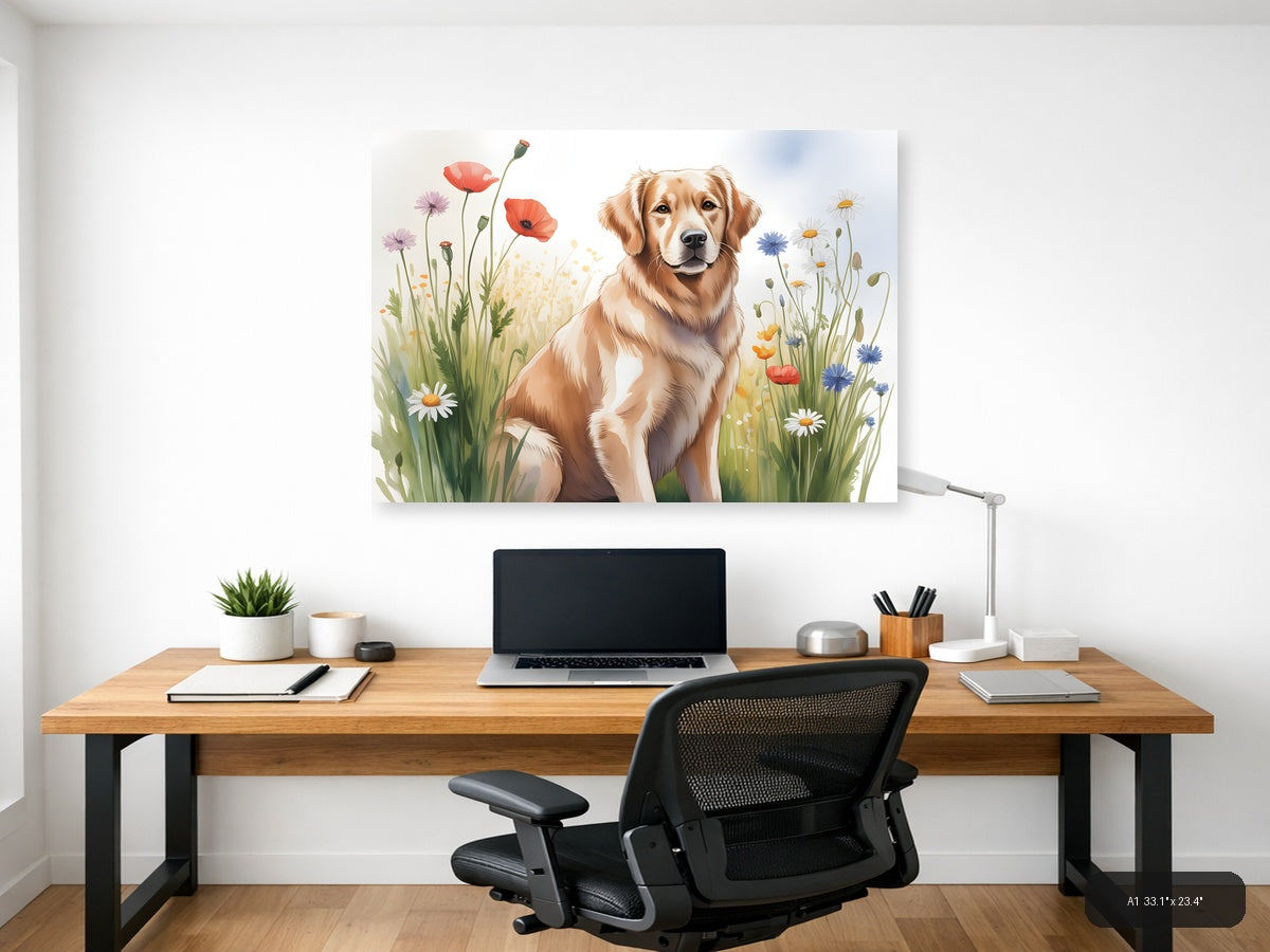 Golden Retriever in Wildflower Field Watercolor Wall Art — A1 / Office