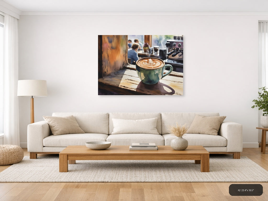 Latte Art Café Window - Watercolor Wall Art — A2 / Living Room