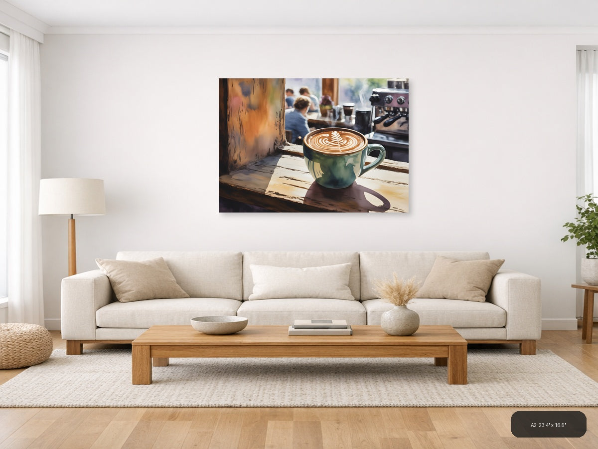 Latte Art Café Window - Watercolor Wall Art — A2 / Living Room