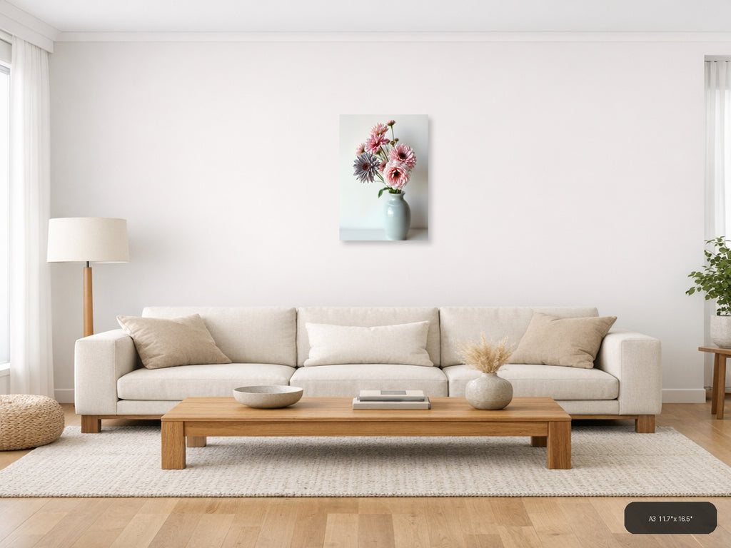 Minimalist Pink Gerbera Flowers in Vase Wall Art — A3 / Living Room
