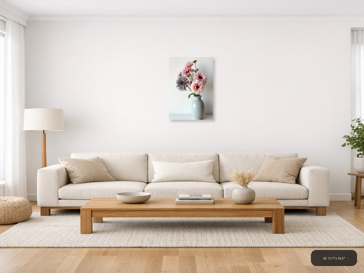 Minimalist Pink Gerbera Flowers in Vase Wall Art — A3 / Living Room