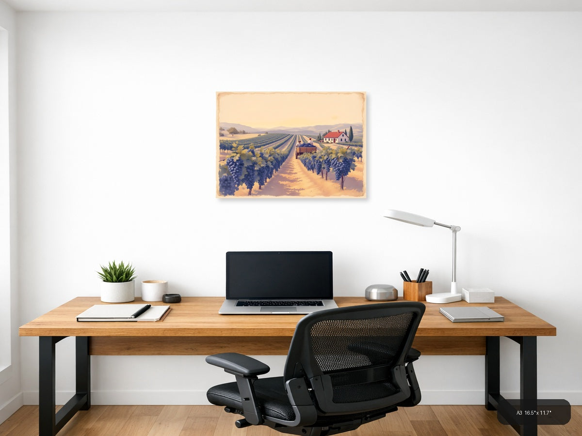 Vintage Tuscan Vineyard Harvest Landscape Wall Art — A3 / Office