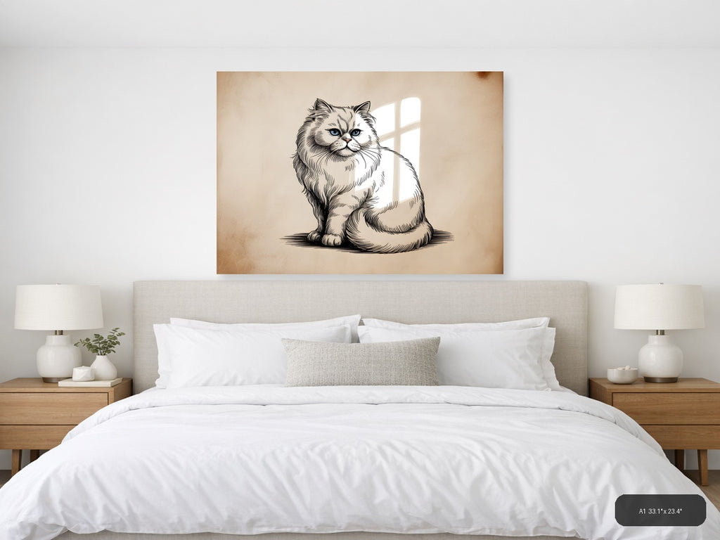 Fluffy Persian Cat Line Art Portrait Wall Art — A1 / Bedroom