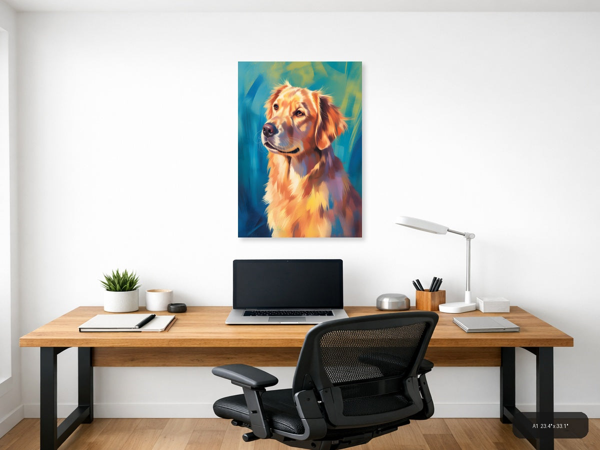 Golden Retriever Portrait Abstract Blue Wall Art — A1 / Office