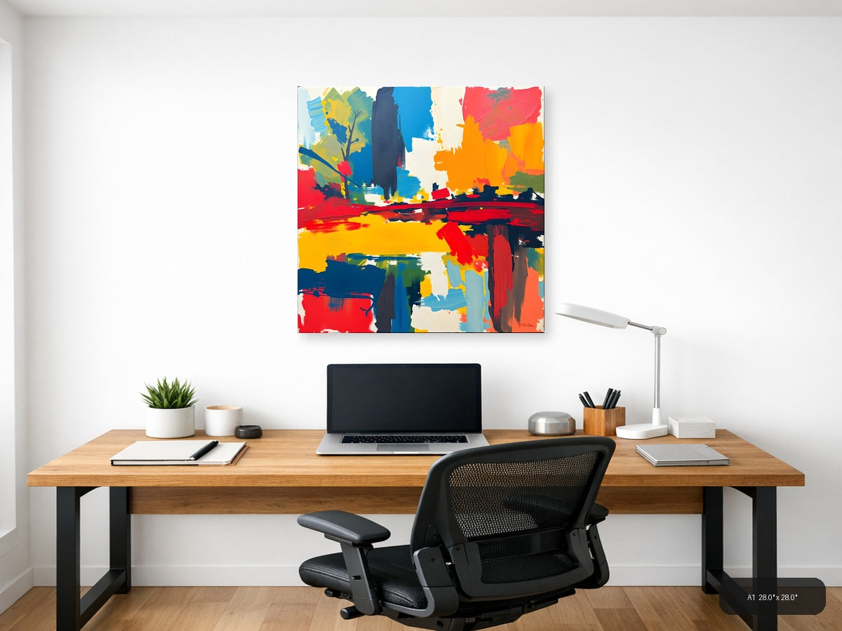 Vibrant Abstract Landscape with Blue Tower Wall Art — A1 / Office