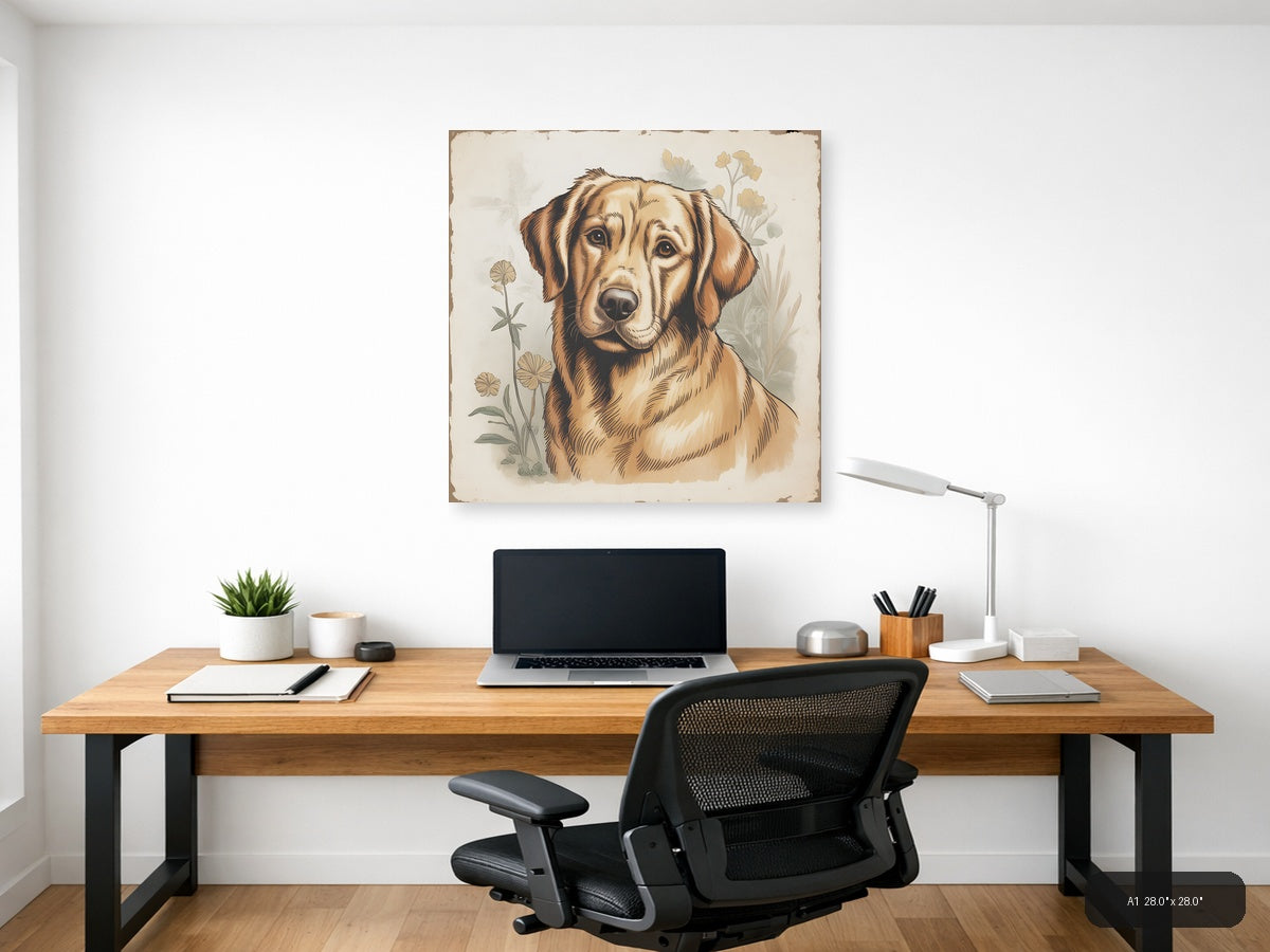 Vintage Brown Dog Portrait with Wildflowers Wall Art — A1 / Office