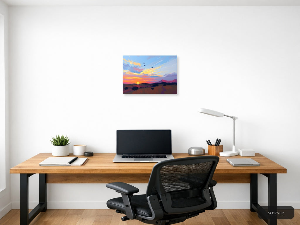 Abstract Sunset Desert Landscape with Flying Birds Wall Art — A4 / Office