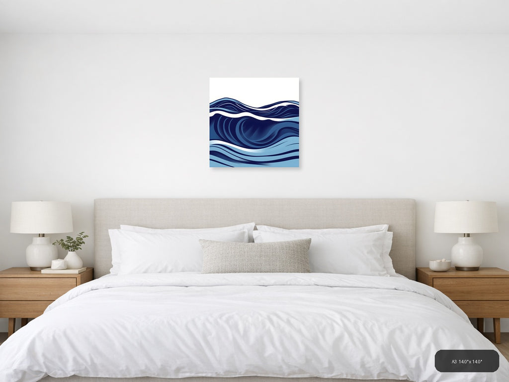 Abstract Ocean Waves Minimalist Blue Wall Art — A3 / Bedroom