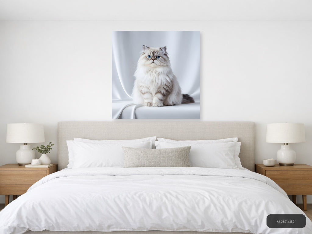 Minimalist White Persian Cat Blue Eyes Square Wall Art — A1 / Bedroom