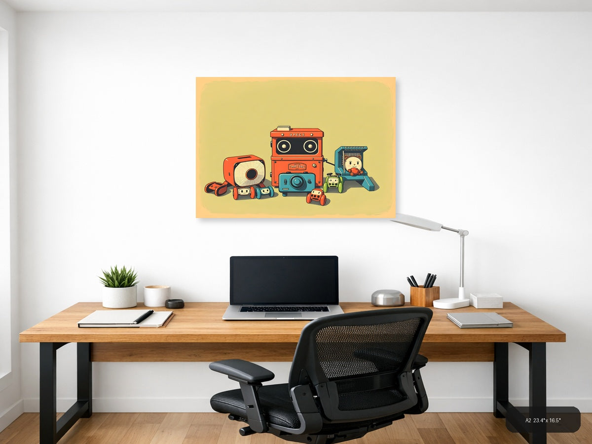 Vintage Robot Toys & Cameras Illustration Wall Art — A2 / Office