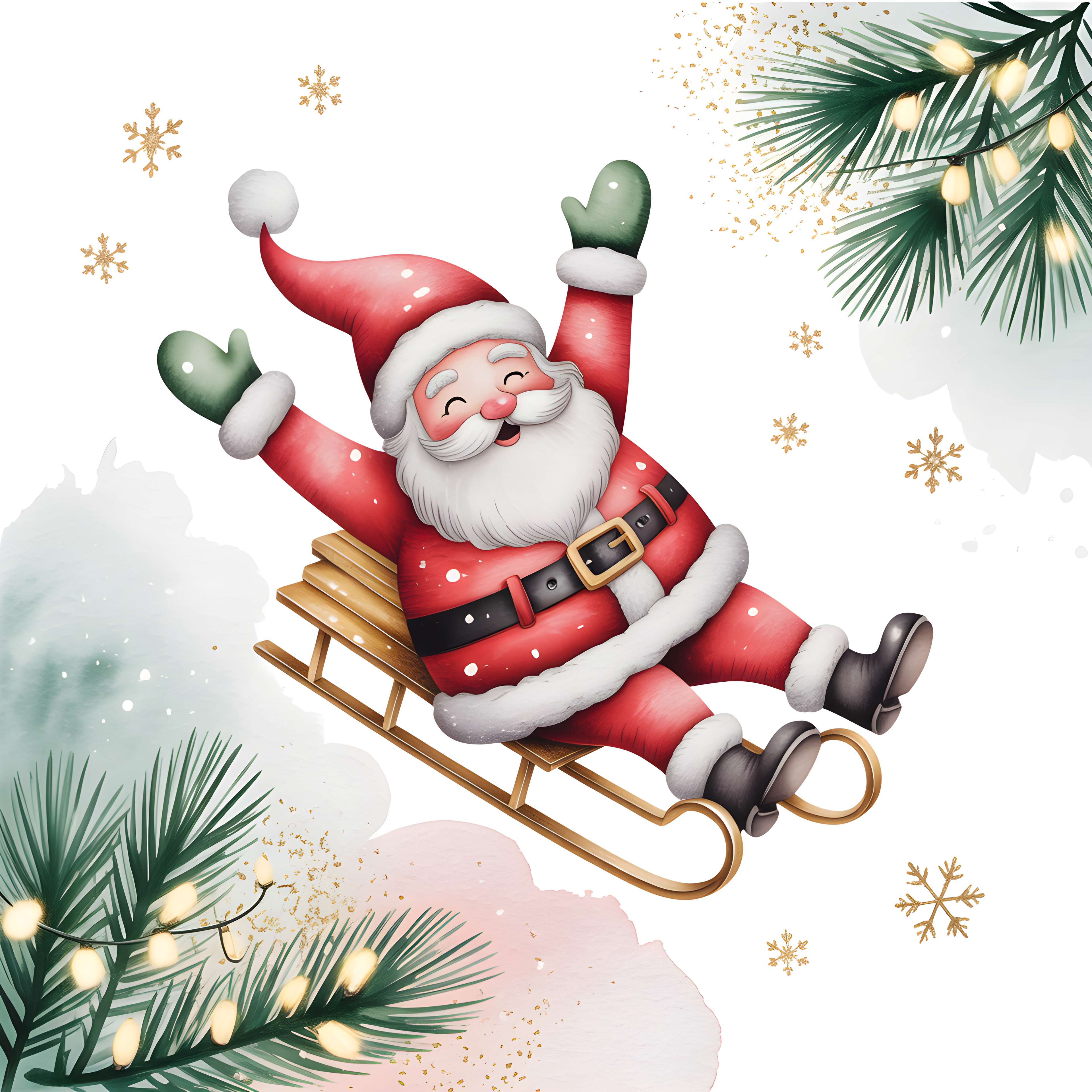 Jolly Santa on Sleigh Watercolor Wall Art