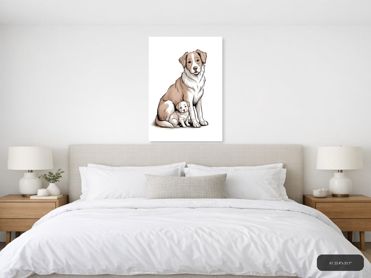 Adult Dog with Puppy Minimalist Portrait Wall Art — A1 / Bedroom