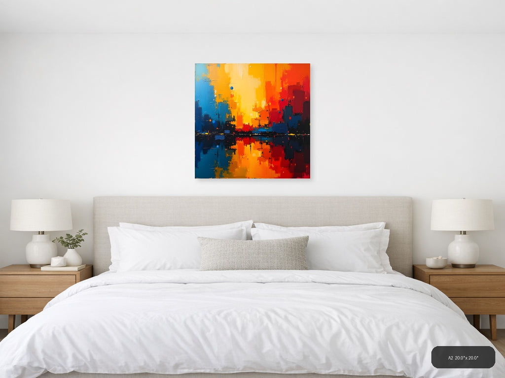Abstract Cityscape Sunset Reflection Orange Blue Wall Art — A2 / Bedroom