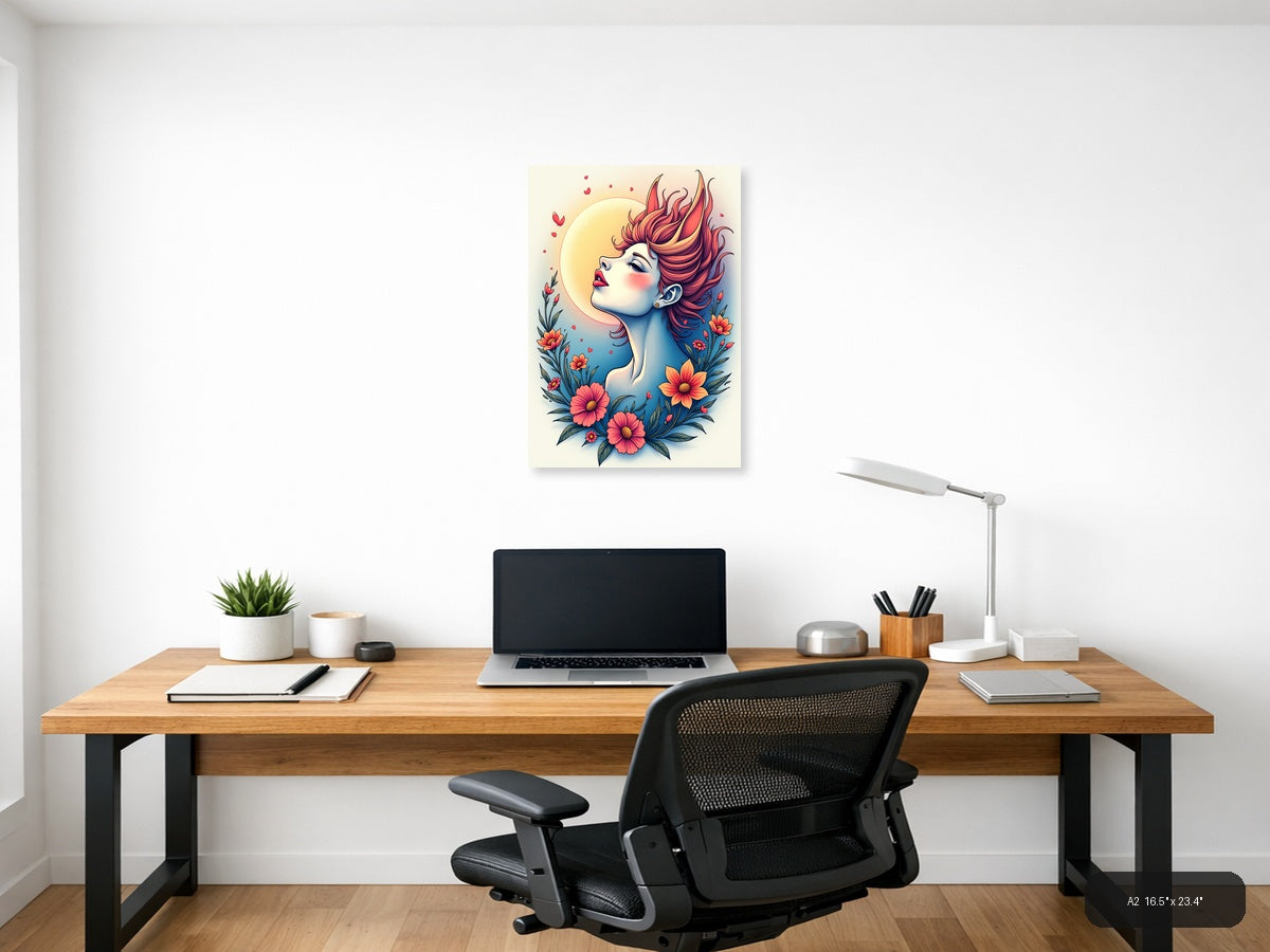 Colorful Woman Portrait with Flowers Line Art Wall Art — A2 / Office