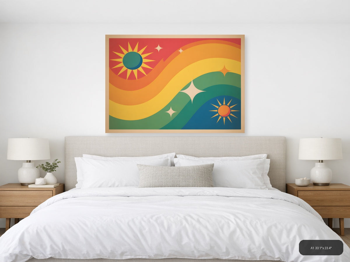 Vintage Sunset Landscape with Suns & Stars Wall Art — A1 / Bedroom
