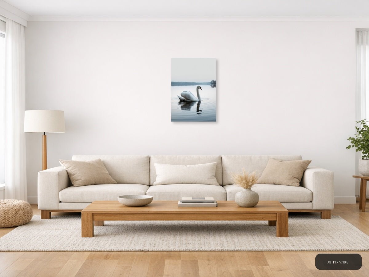 Minimalist White Swan Reflection Lake Wall Art — A3 / Living Room