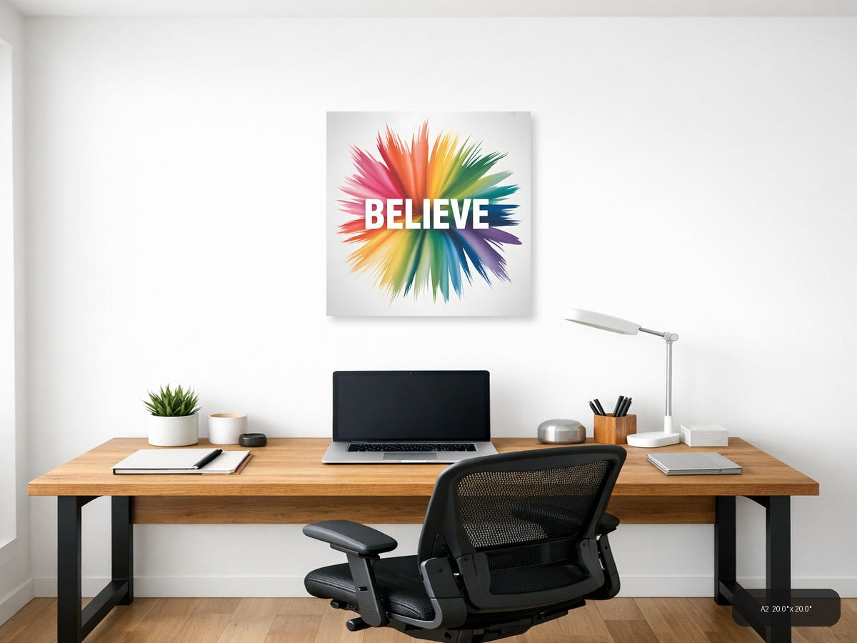 Believe Watercolor Rainbow Burst Square Wall Art — A2 / Office