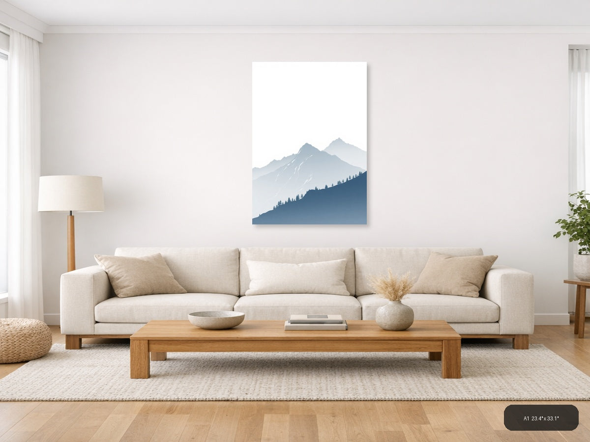 Misty Mountains with Evergreen Forest | Minimalist Landscape Wall Art — A1 (Living Room)