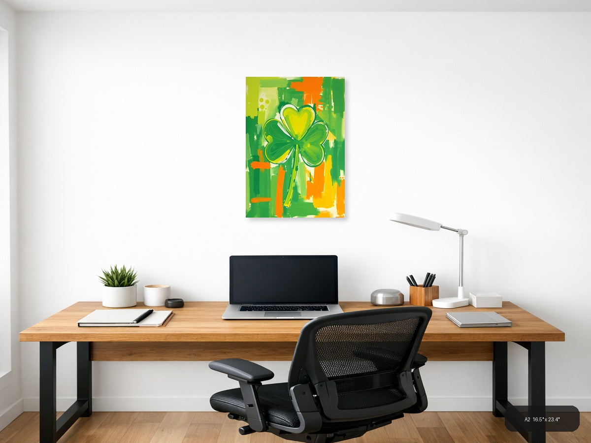 Abstract Four Leaf Clover with Heart - Green Wall Art — A2 / Office