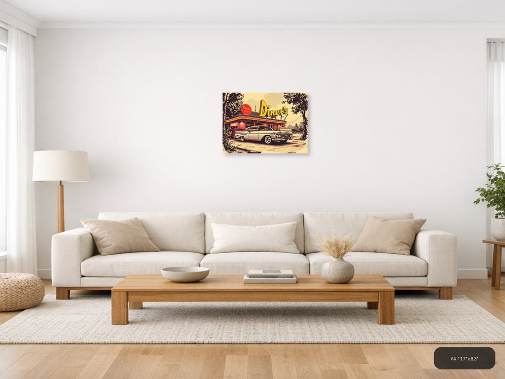 Vintage Diner & Classic Car Retro Wall Art — A4 / Living Room