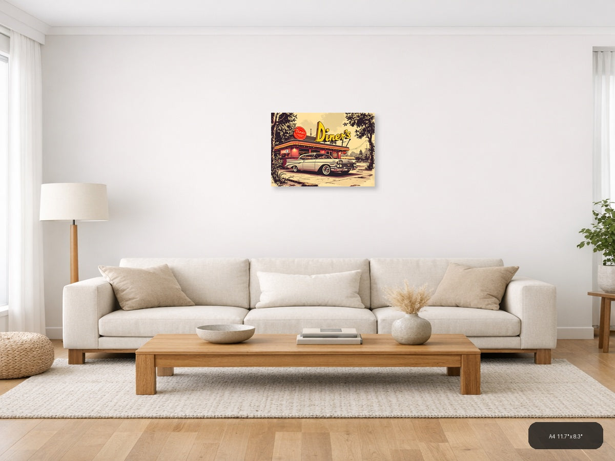 Vintage Diner & Classic Car Retro Wall Art — A4 / Living Room