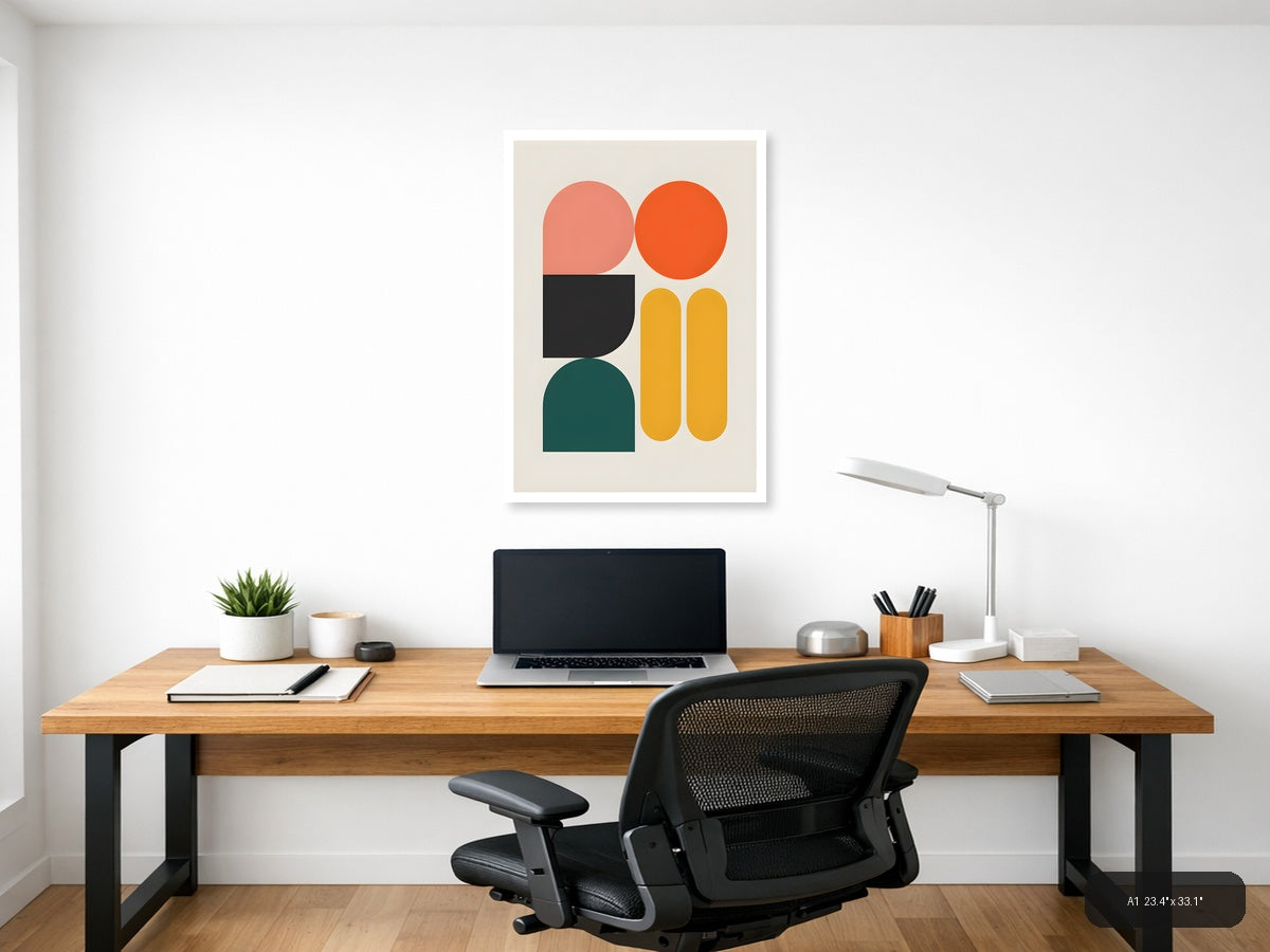 Minimalist Geometric Shapes in Coral, Orange & Teal Wall Art — A1 / Office