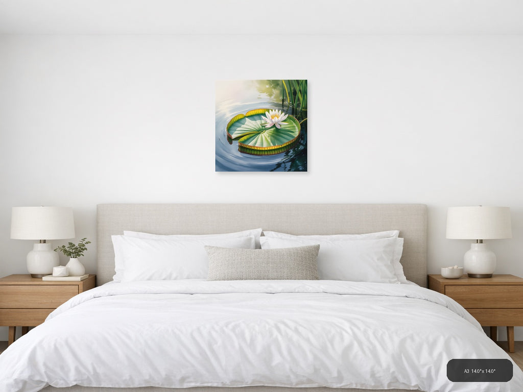 White Water Lily on Giant Leaf Watercolor Wall Art — A3 / Bedroom