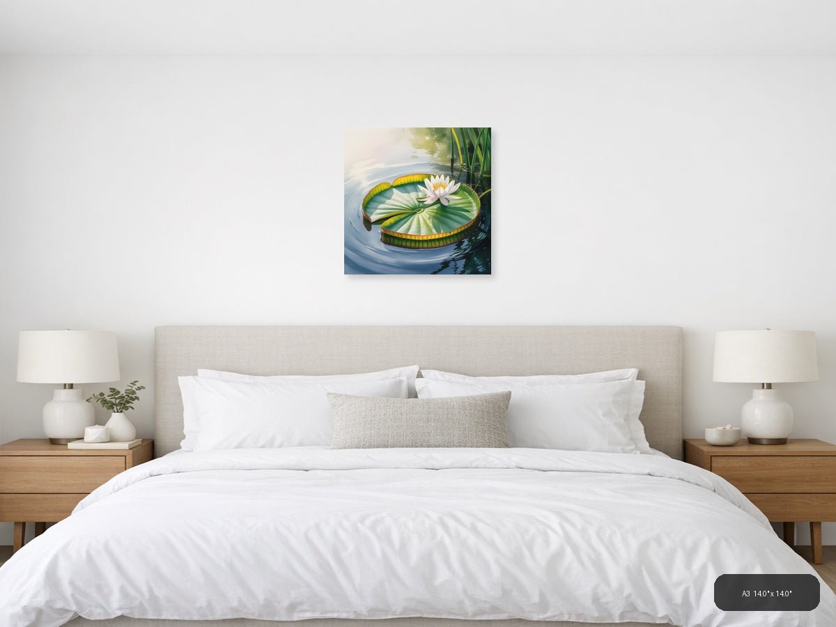 White Water Lily on Giant Leaf Watercolor Wall Art — A3 / Bedroom