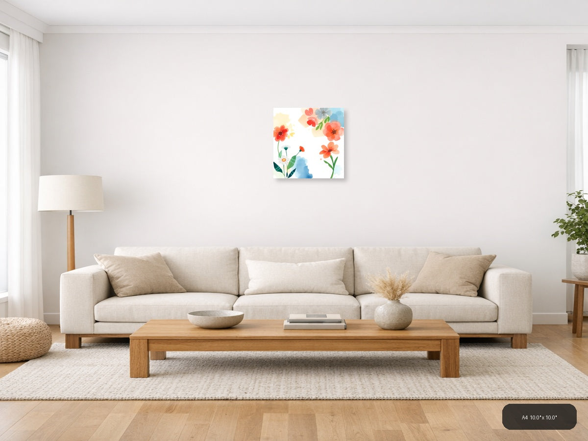 Watercolor Floral Garden with Red & Orange Blooms Wall Art — A4 / Living Room