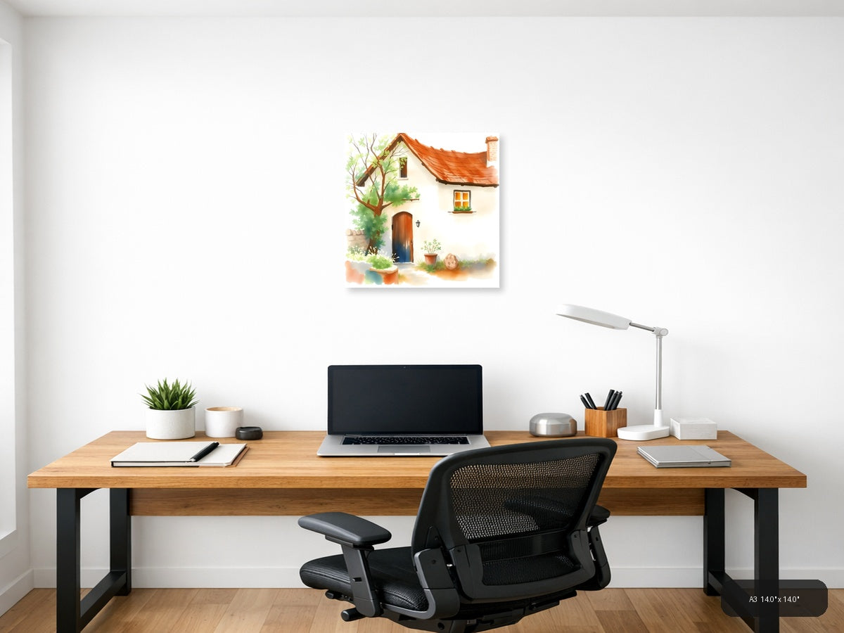 Cozy Cottage with Red Roof Watercolor Wall Art — A3 / Office