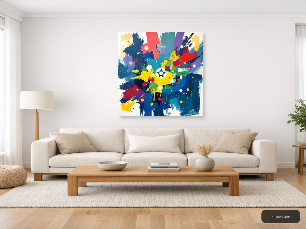 Vibrant Abstract Starburst with Colorful Brushstrokes Wall Art — A1 / Living Room