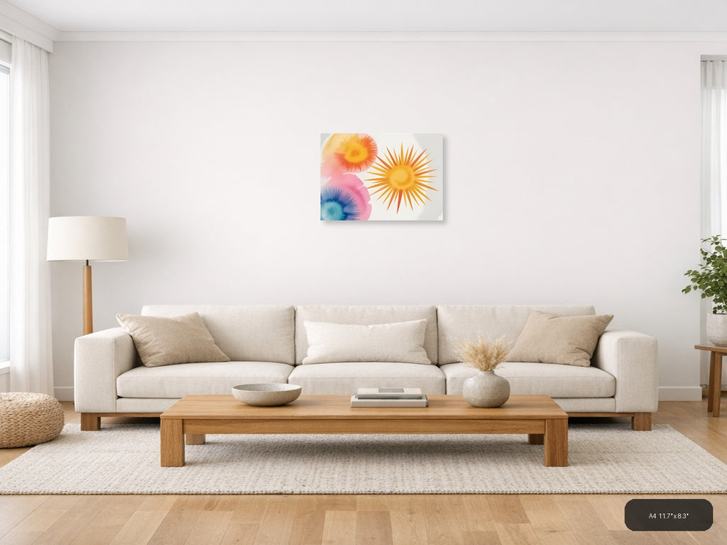 Watercolor Sunburst Flowers Abstract Wall Art — A4 / Living Room