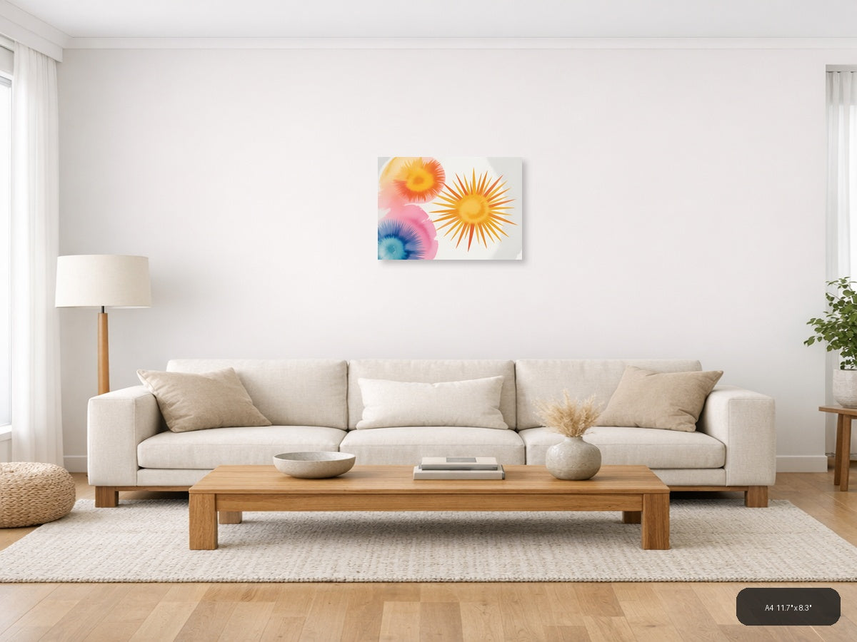 Watercolor Sunburst Flowers Abstract Wall Art — A4 / Living Room