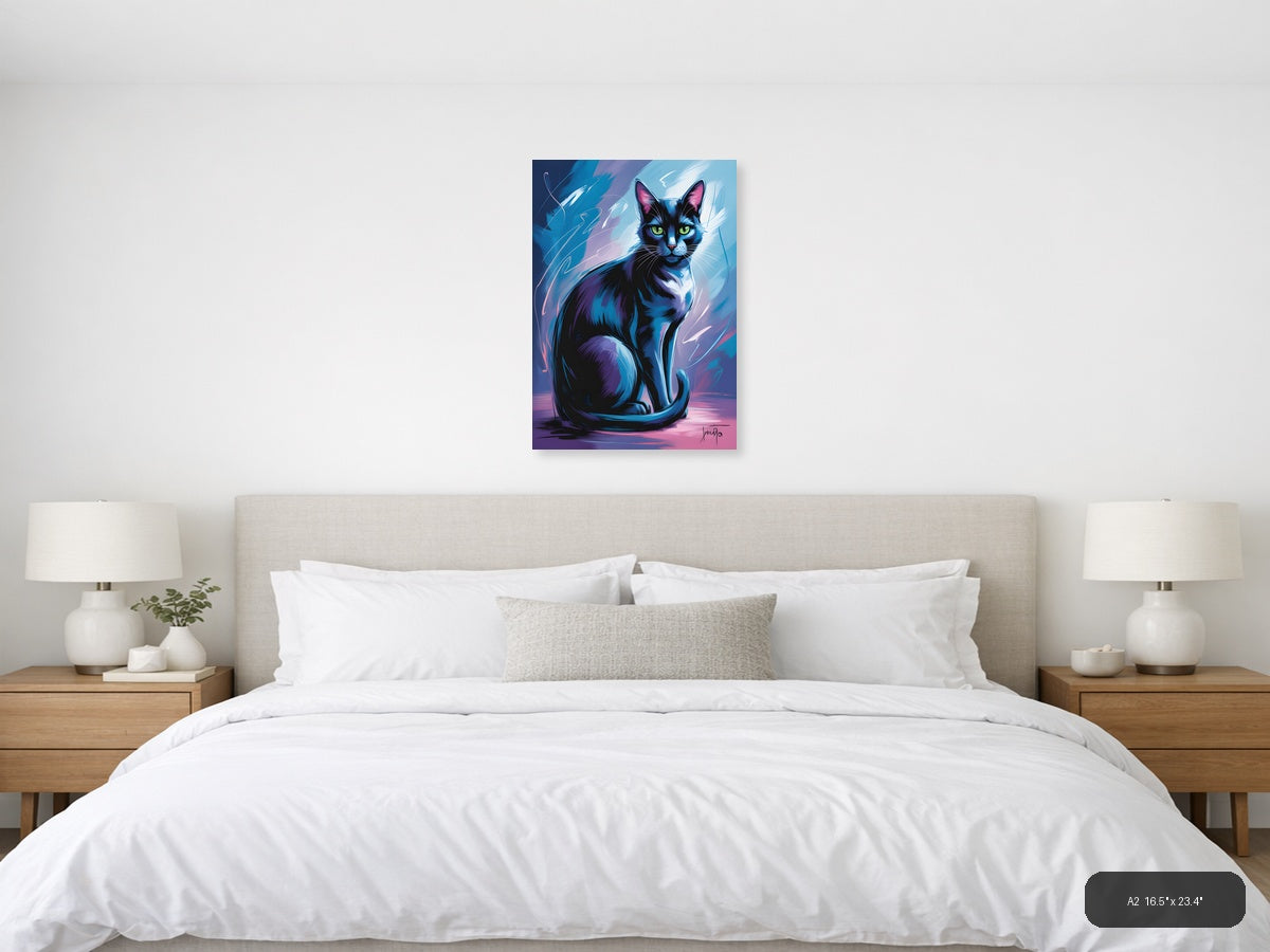Abstract Blue Cat with Neon Eyes Portrait Wall Art — A2 / Bedroom