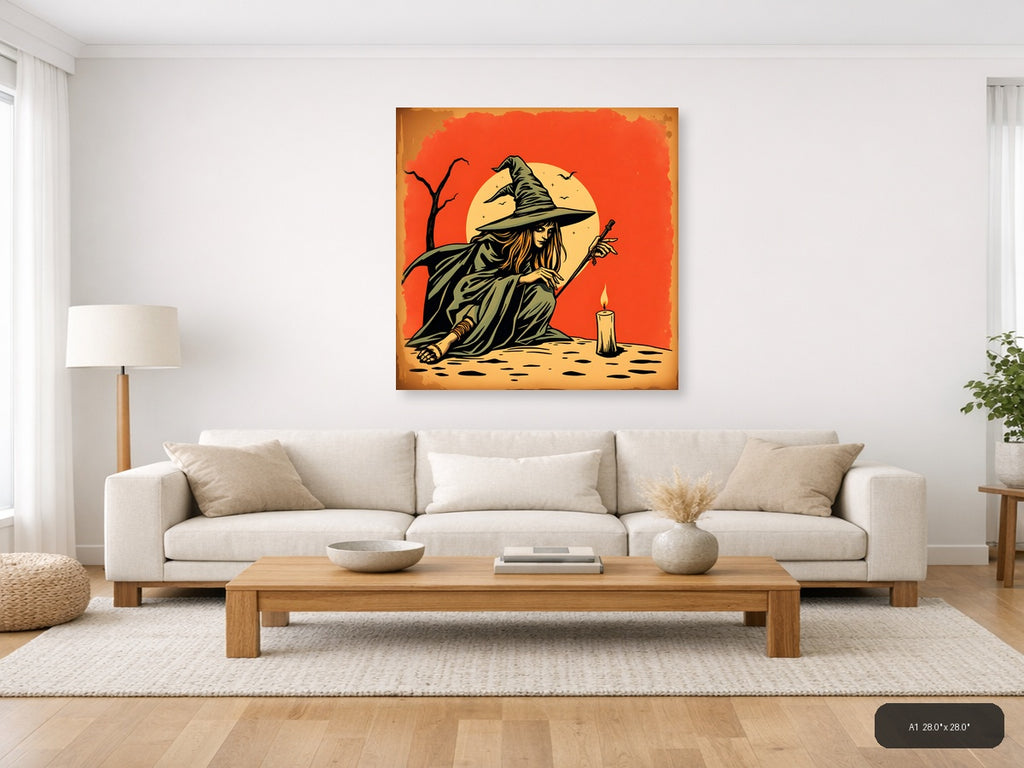 Vintage Witch with Broomstick Moon Wall Art — A1 / Living Room