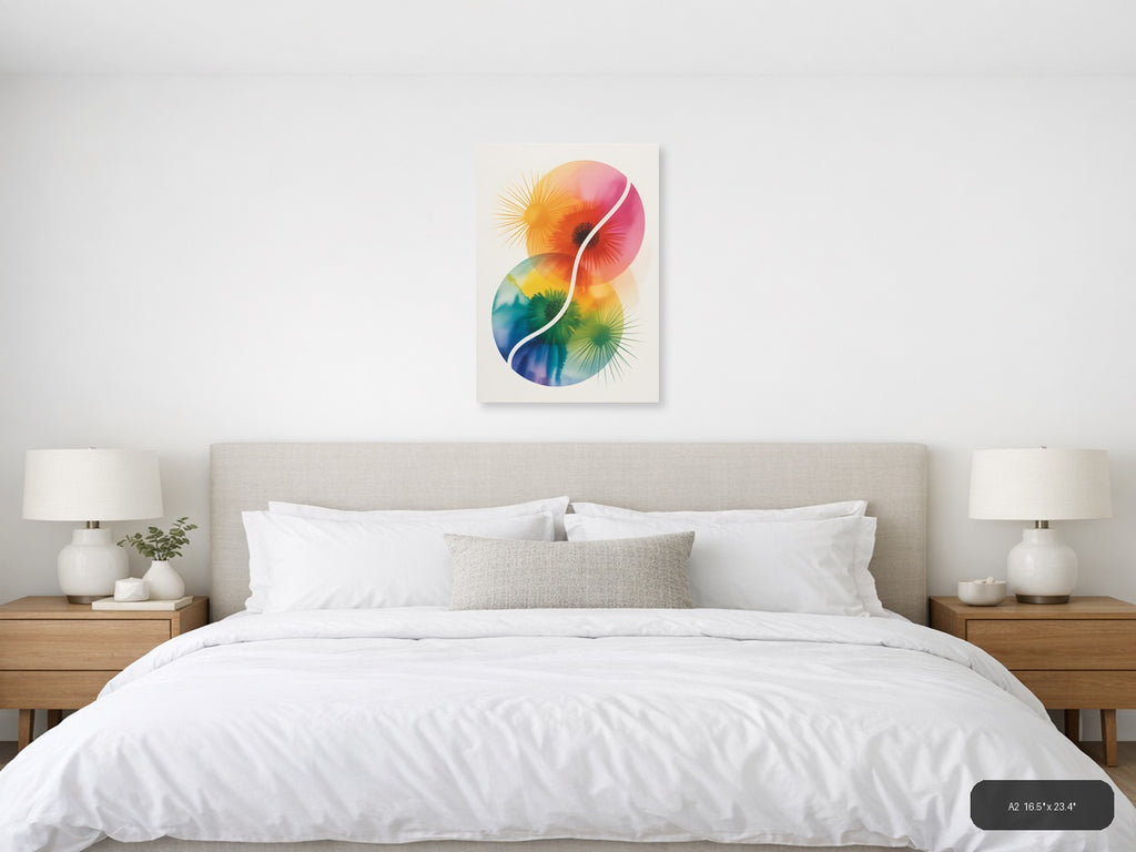 Rainbow Yin Yang Watercolor Floral Wall Art — A2 / Bedroom