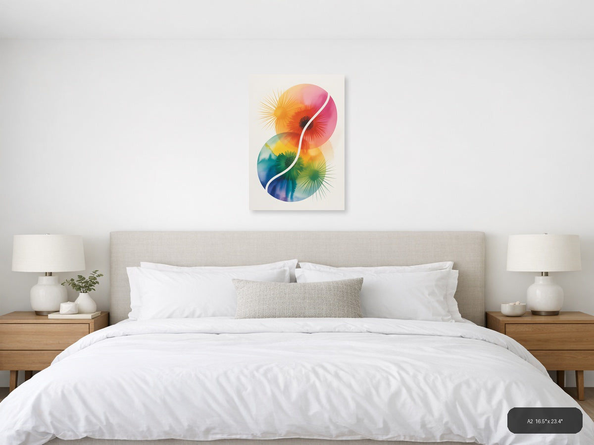 Rainbow Yin Yang Watercolor Floral Wall Art — A2 / Bedroom