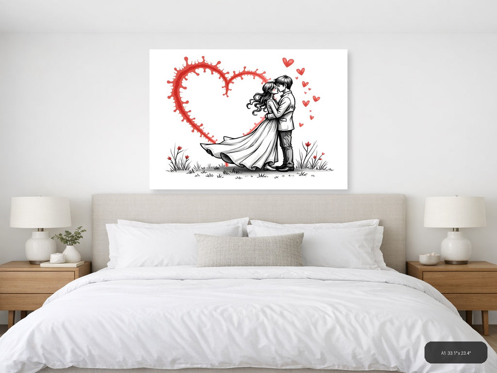 Couple Kissing Red Heart Line Art Wall Art — A1 / Bedroom