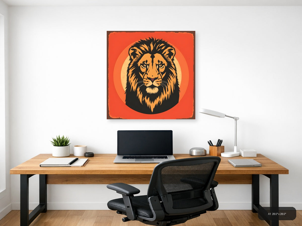 Vintage Lion Head Portrait Orange Wall Art — A1 / Office