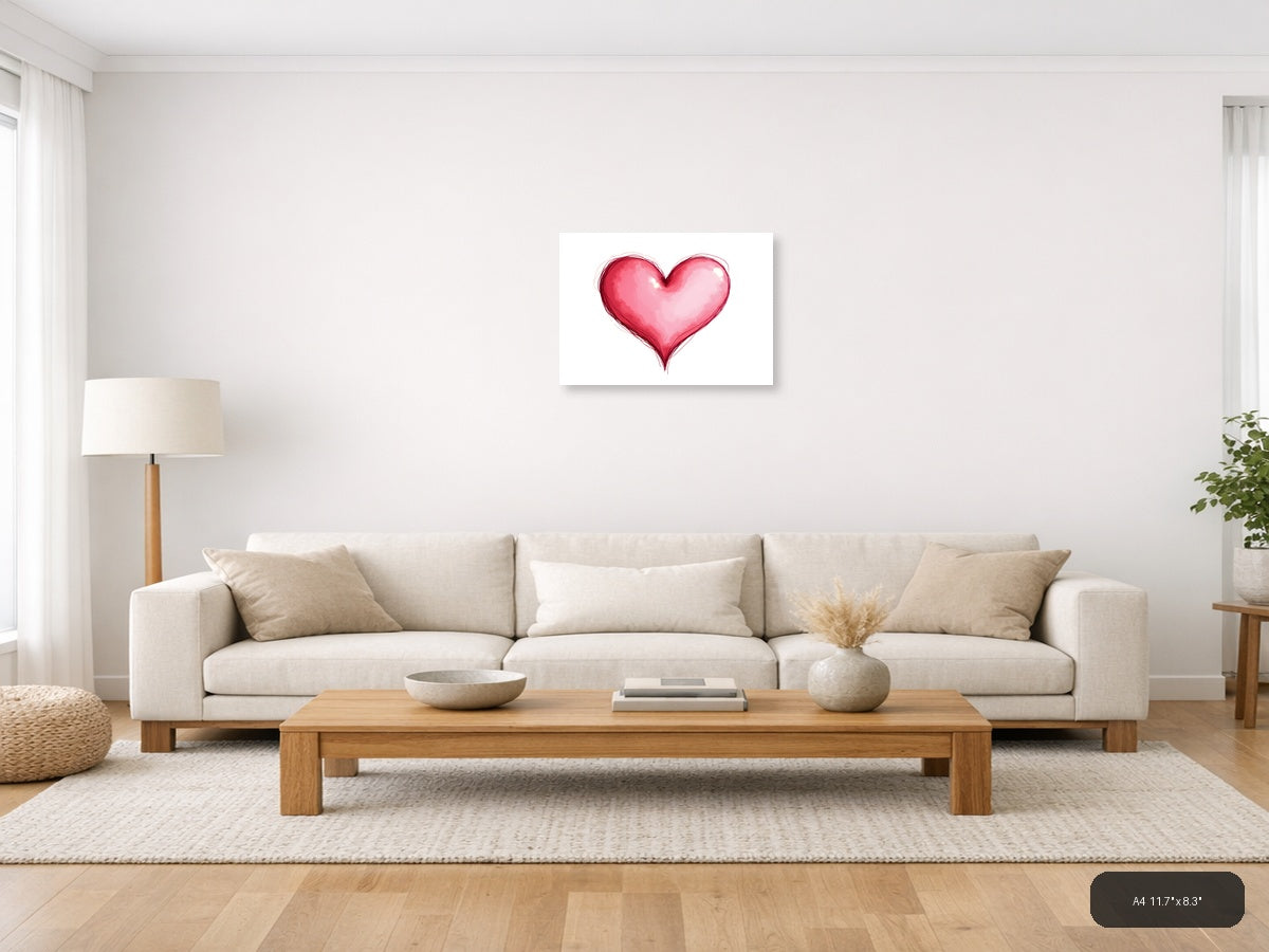 Pink Watercolor Heart Line Art Wall Art — A4 / Living Room