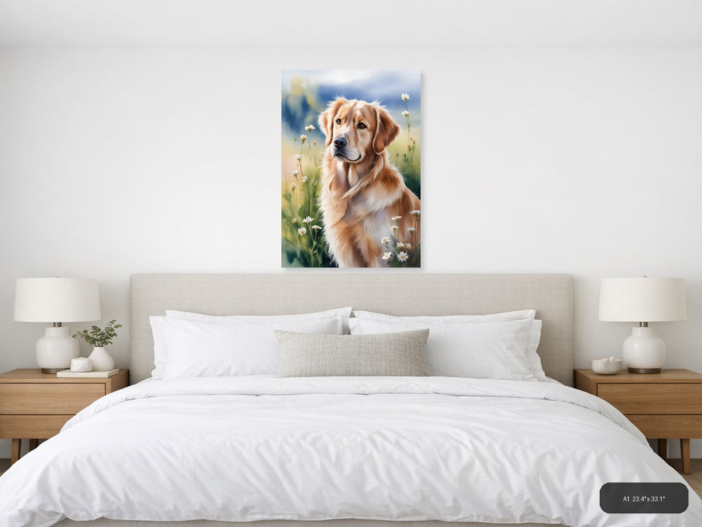 Golden Retriever in Wildflower Meadow Watercolor Wall Art — A1 / Bedroom