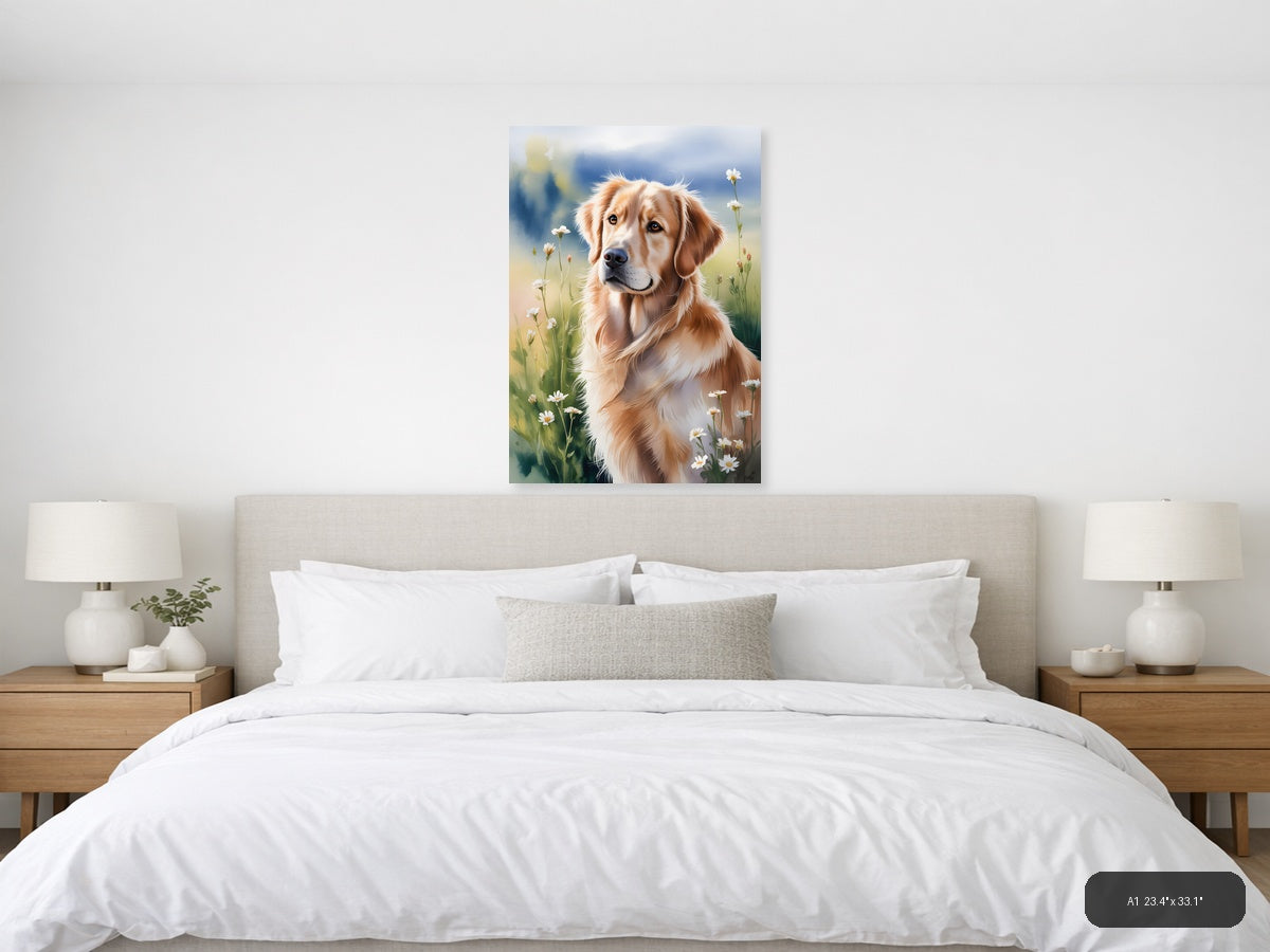 Golden Retriever in Wildflower Meadow Watercolor Wall Art — A1 / Bedroom