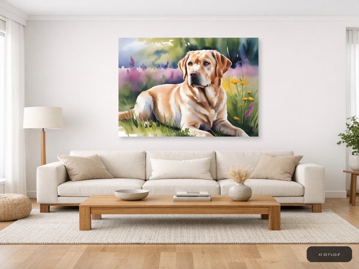 Golden Labrador in Wildflower Meadow Watercolor Wall Art — A1 / Living Room