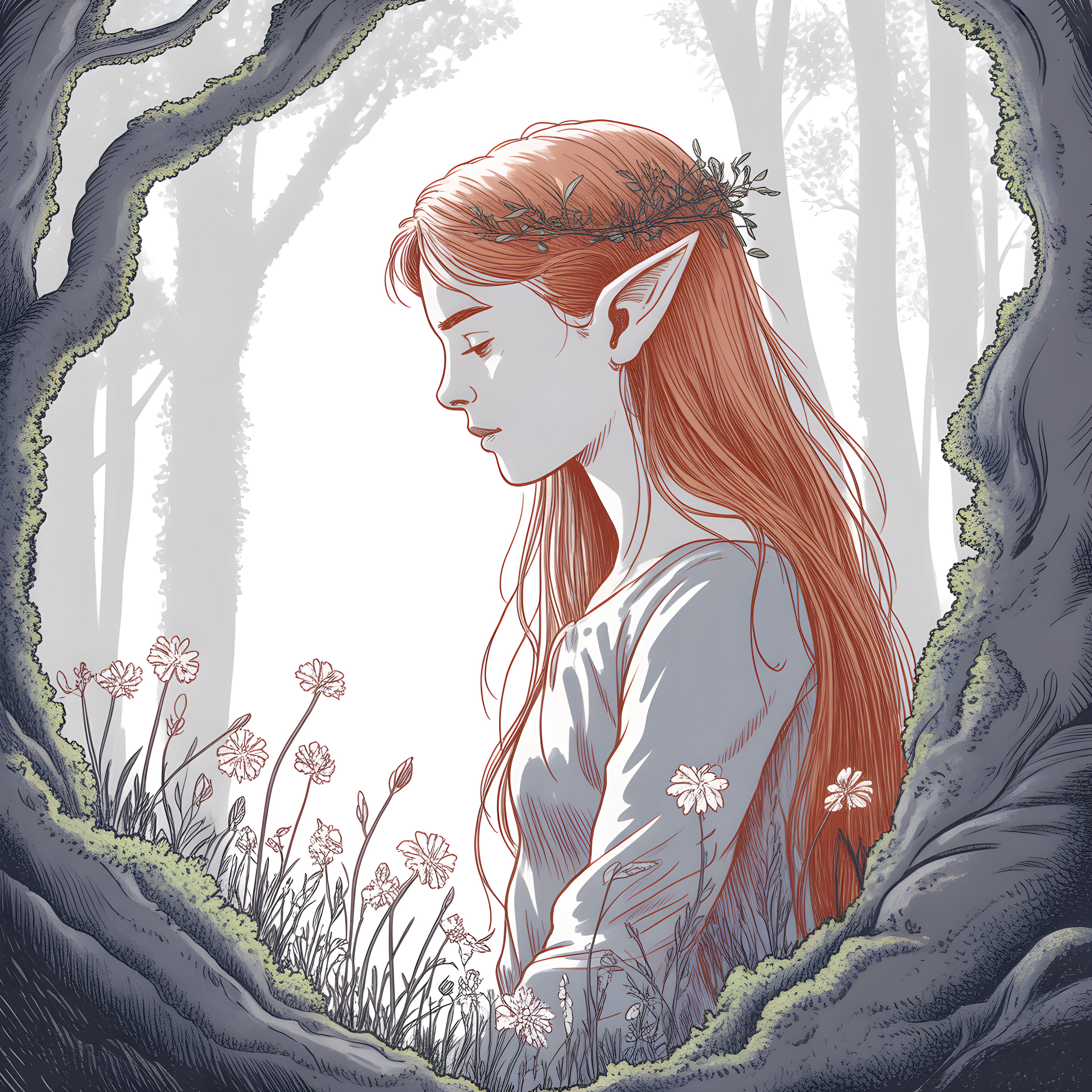 Forest Elf with Red Hair Line Art Wall Art