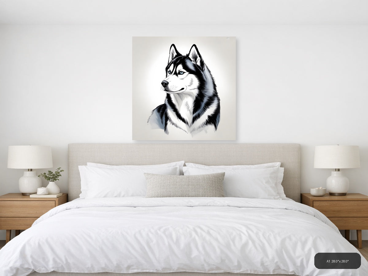 Husky Dog Portrait Line Art Black and White Wall Art — A1 / Bedroom