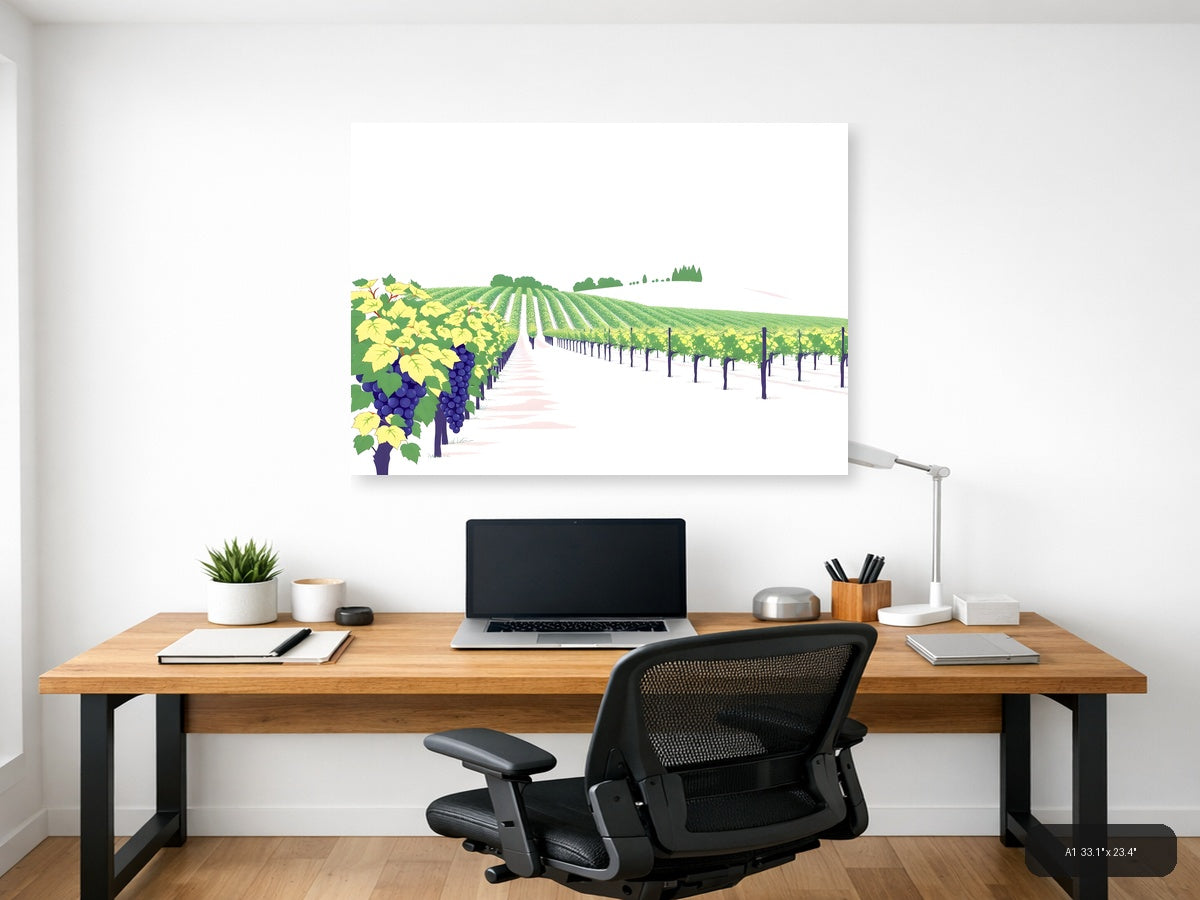 Minimalist Vineyard Landscape with Purple Grapes Wall Art — A1 / Office