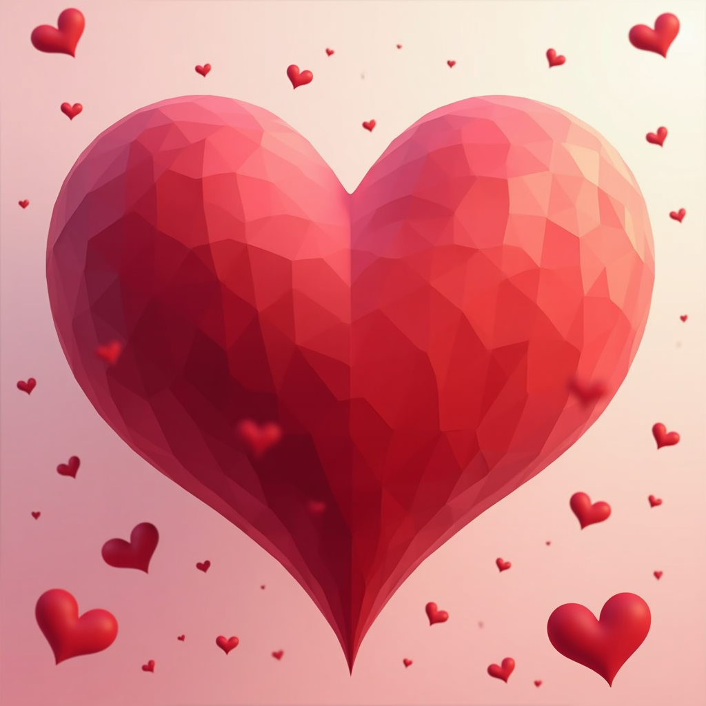 Large Red Polygonal Heart with Floating Hearts | Abstract Love Wall Art