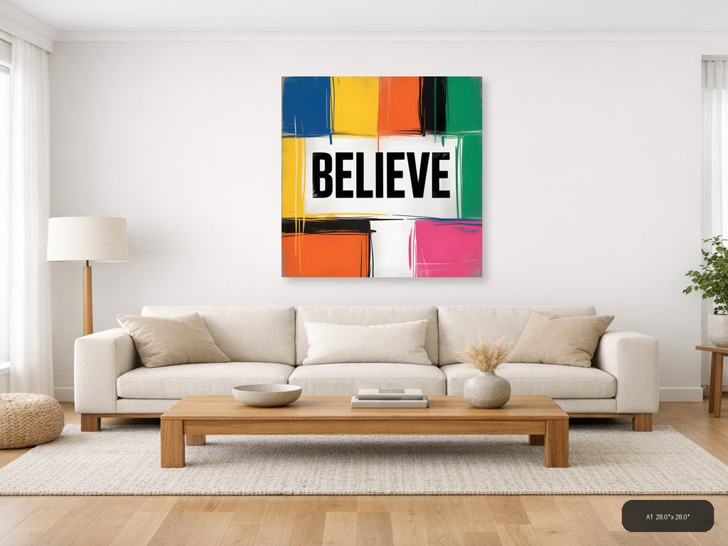 BELIEVE Colorful Abstract Blocks Square Wall Art — A1 / Living Room