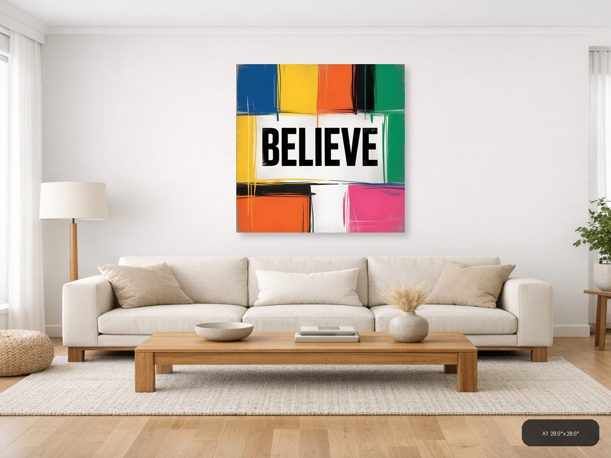 BELIEVE Colorful Abstract Blocks Square Wall Art — A1 / Living Room
