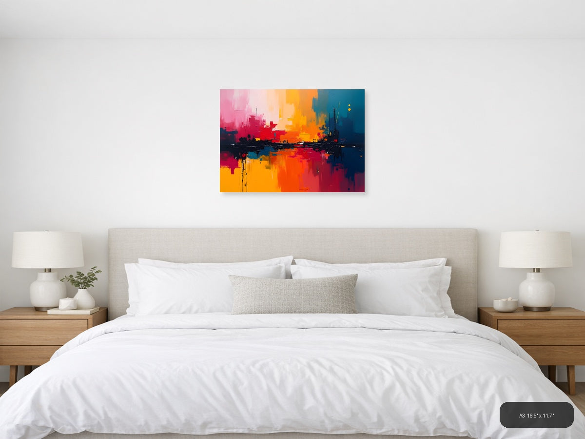 Vibrant Abstract Cityscape Sunset Reflection Wall Art — A3 / Bedroom